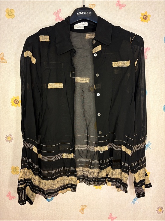Jaeger Tops - Vintage Jaeger - Black Sheer Button-Down Shirt with Brushstroke Detail